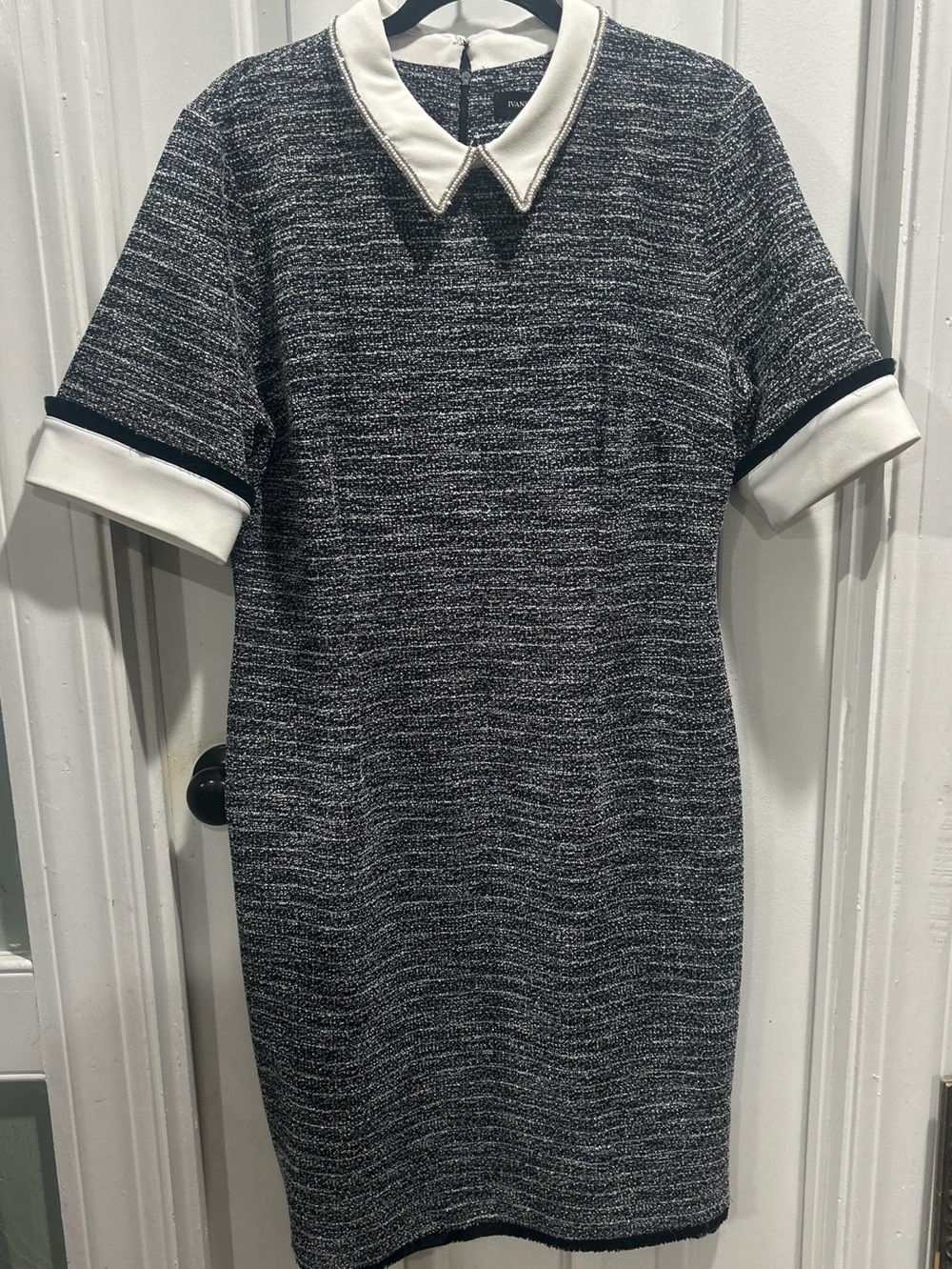 Ivanka Trump Black & White Tweed Midi Dress with Contrast Jeweled Collar